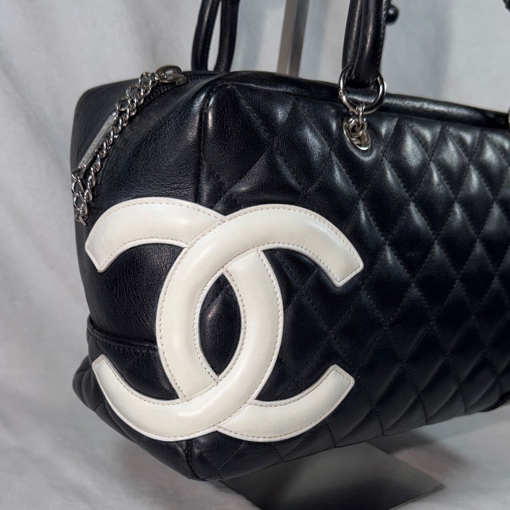 Chanel Cambon Black Bowler Bag with White CC Logo